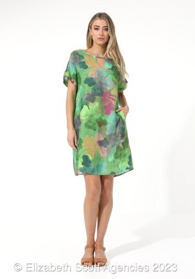 Butterfly Print Dress With Front Neckline Tab