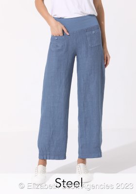 Linen pant with front pockets and covered buttons