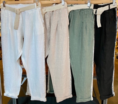 Linen tapered pants with woven belt and sequin stripe Linen tapered pants with woven belt and sequin stripe