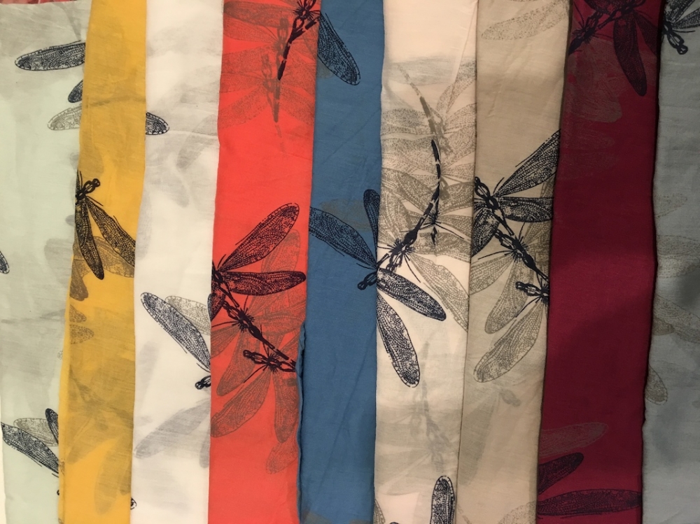 Italian Silk/Cotton Dragonfly Print Scarf - Click Image to Close