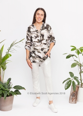 Viscose Shirt with Sequin Pocket - Camo Print