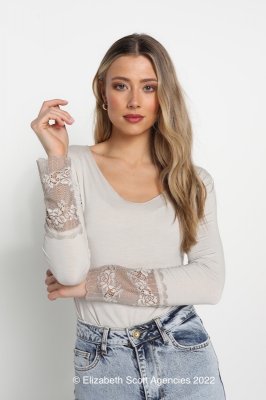 Long Sleeve T with French Lace Trim