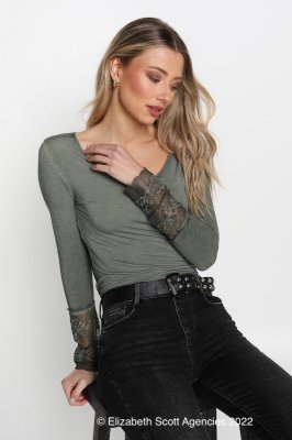 Long Sleeve T with French Lace Trim