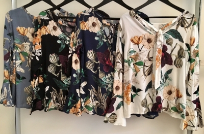 Botanical Print Top With Bell Sleeves And Tie Neck