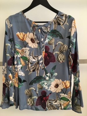 Botanical Print Top With Bell Sleeves And Tie Neck