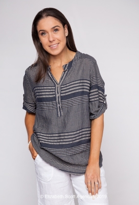 Stripe Linen Top With V Neck Buttons Stripe Linen Top With V Neck Buttons