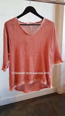 Linen/Cotton V Neck Vintage Wash Top With Raw Edge and 3/4 Sleeve Linen/Cotton V Neck Vintage Wash Top With Raw Edge and 3/4 Sleeve