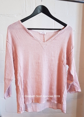 Linen/Cotton Vintage Wash Top With 3/4 Sleeve and Lurex V Neck
