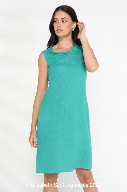 Cowl Neck Linen Dress With Button - Click Image to Close