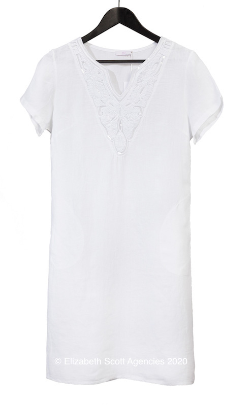 Embroidered V Neck Linen Dress - Click Image to Close