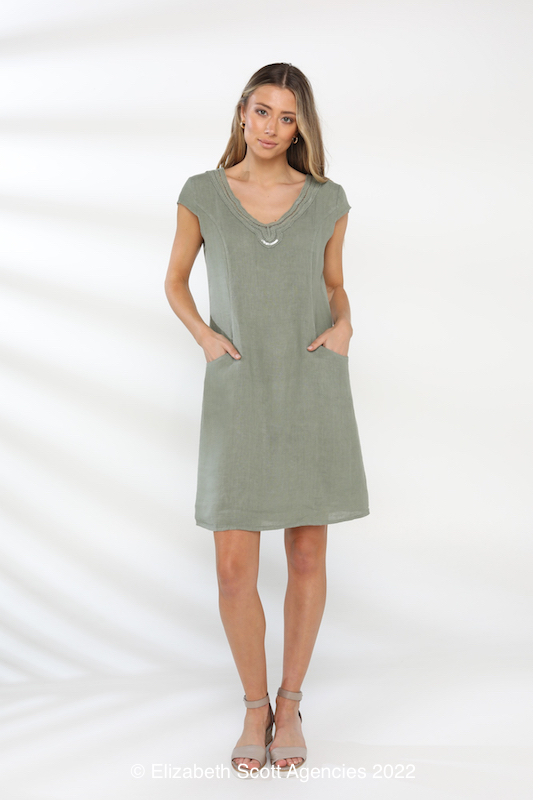 Lace Detail Neckline Dress With Cap Sleeve - Click Image to Close