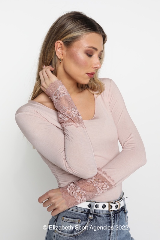 Long Sleeve T with French Lace Trim - Click Image to Close