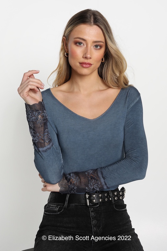 Long Sleeve T with French Lace Trim - Click Image to Close