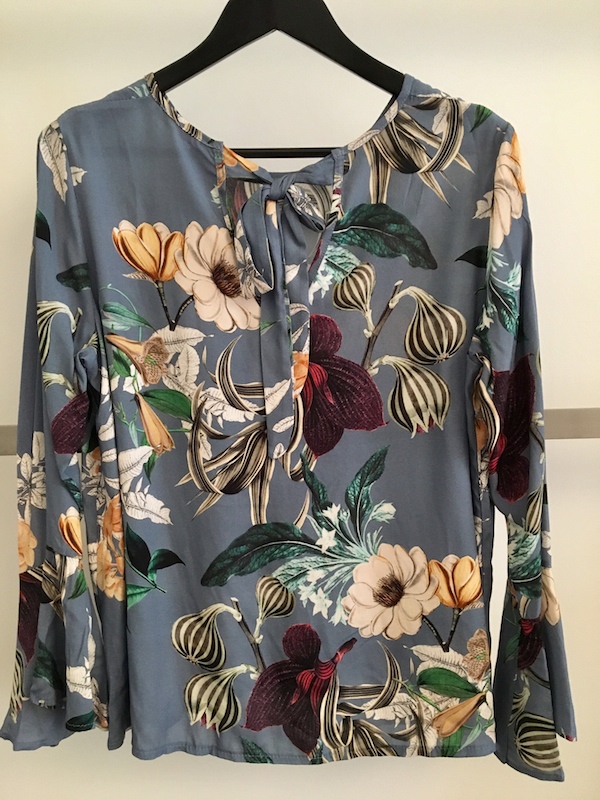 Botanical Print Top With Bell Sleeves And Tie Neck - Click Image to Close