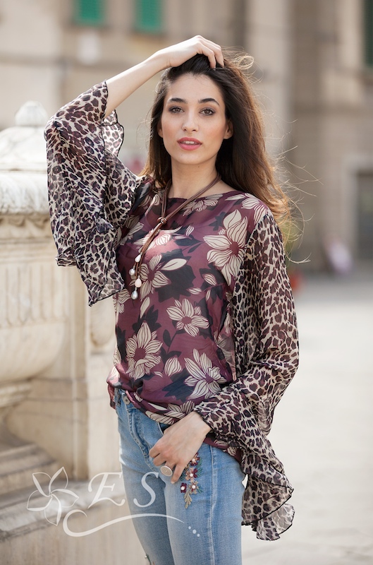 Floral Print Top With Leopard Sleeve - Click Image to Close