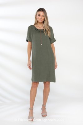 Linen Dress With Cowl Neck, Sleeves and Pockets