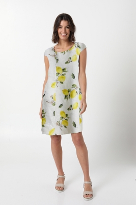 Round Neckline Lemon Print Linen Dress