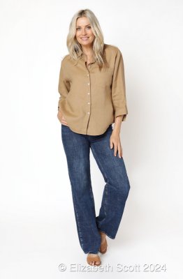 Claudia Linen Shirt with Asymentrical Cuffs and Shell Button Detail