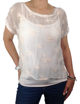 Silk Top Short Sleeve with Embroidery Detail and Camisole